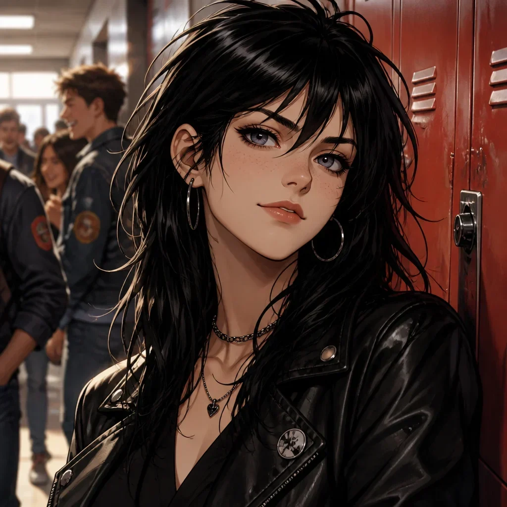 Dark-haired fictional character beside red lockers