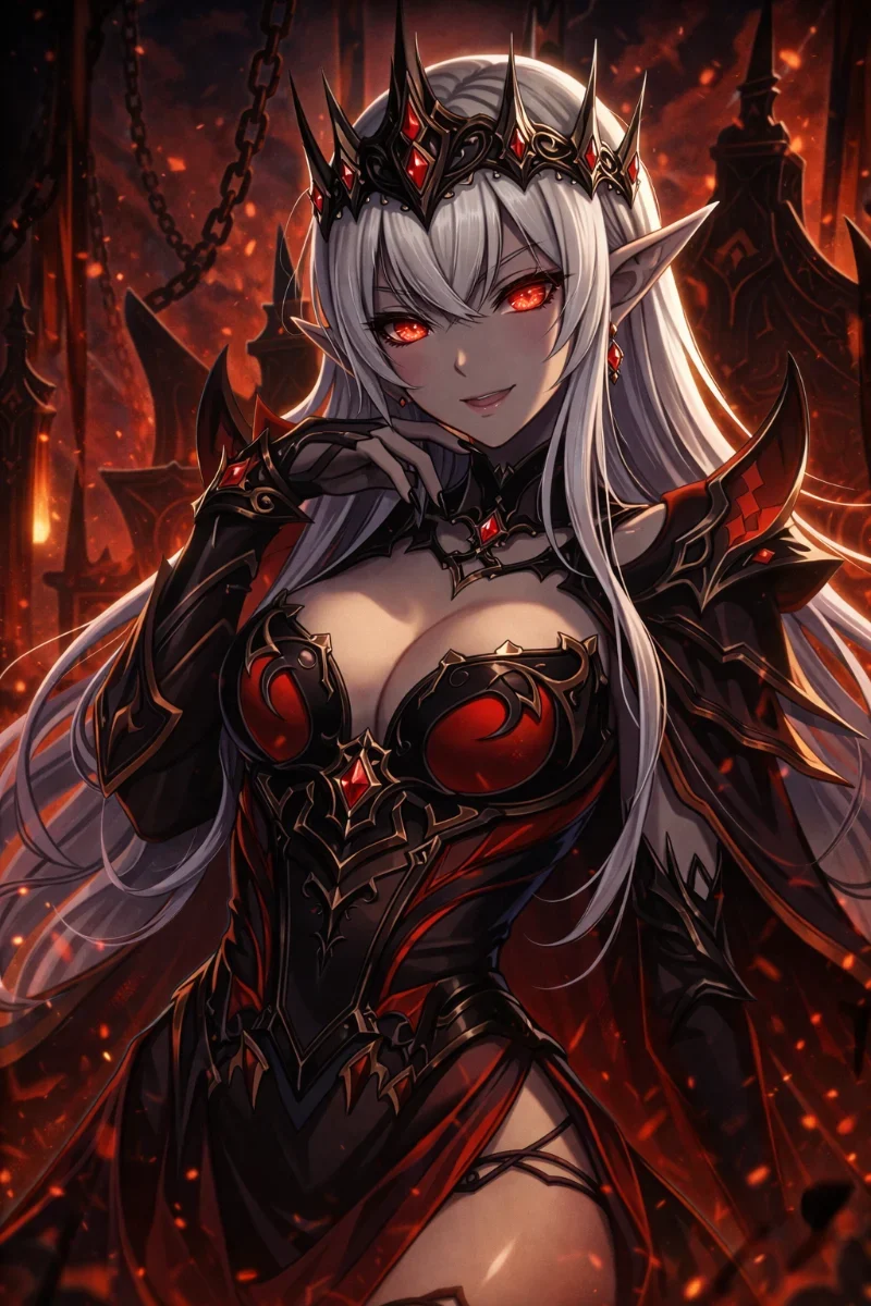 A white-haired fantasy character in black and red armor