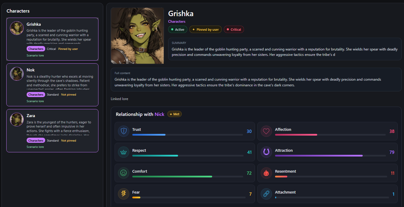 Lore cards for Grishka, Nok and Zara with Grishka’s eight relationship metrics and current values