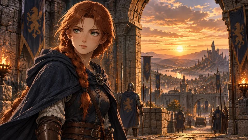 Mara at the castle gate at sunset