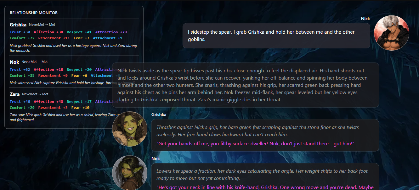 Goblin Cave multi-character scene with a player reply, narrator, Grishka and Nok, plus the relationship monitor